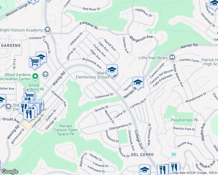 map of restaurants, bars, coffee shops, grocery stores, and more near 5742 Waring Road in San Diego