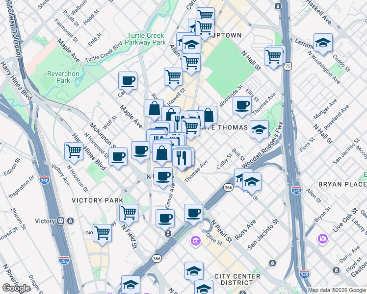map of restaurants, bars, coffee shops, grocery stores, and more near 2401 McKinney Avenue in Dallas