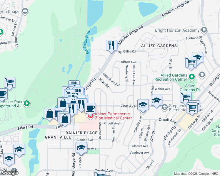 map of restaurants, bars, coffee shops, grocery stores, and more near Allied Road in San Diego
