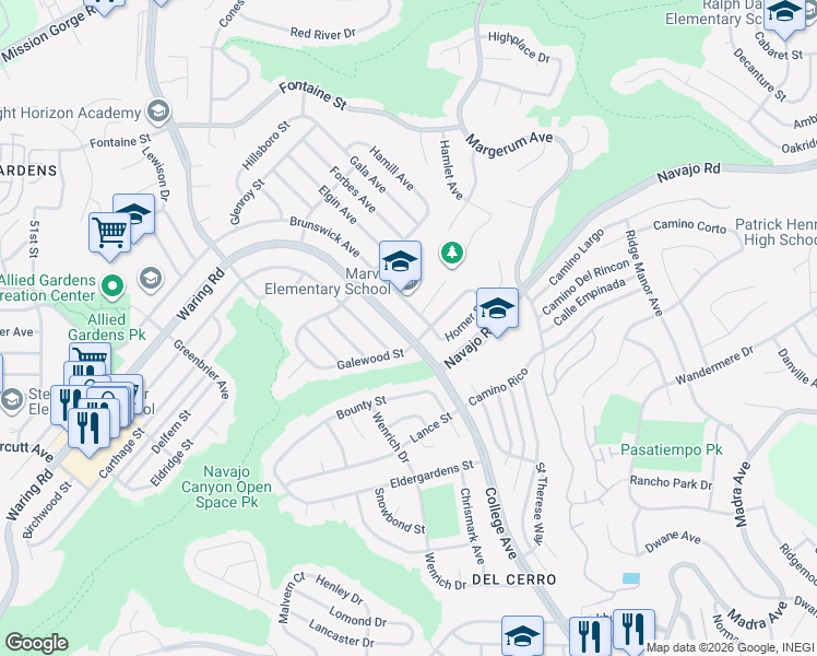 map of restaurants, bars, coffee shops, grocery stores, and more near 5742 Waring Road in San Diego