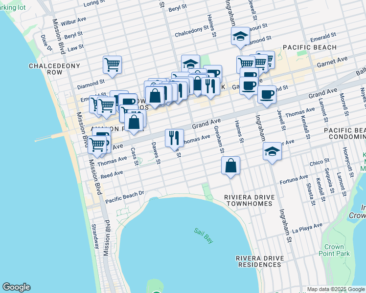 map of restaurants, bars, coffee shops, grocery stores, and more near 1225 Thomas Avenue in San Diego