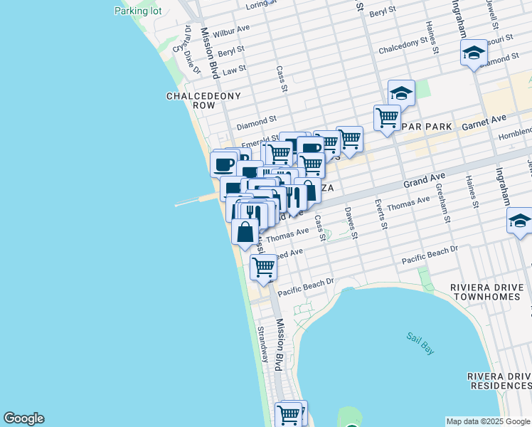map of restaurants, bars, coffee shops, grocery stores, and more near 861 Grand Avenue in San Diego