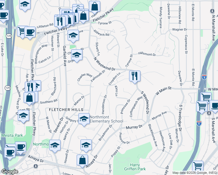 map of restaurants, bars, coffee shops, grocery stores, and more near 2015 Wedgemere Road in El Cajon