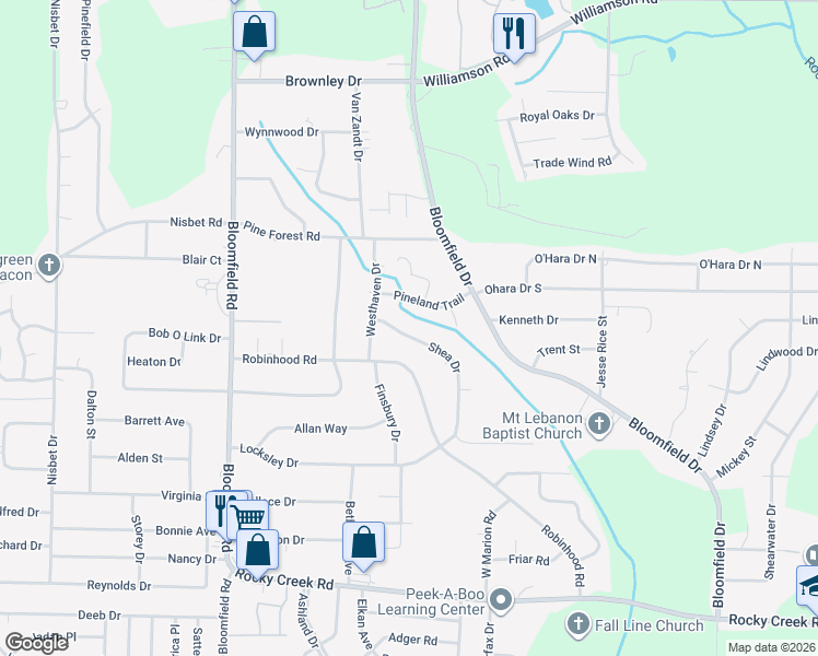 map of restaurants, bars, coffee shops, grocery stores, and more near 2479 Shea Drive in Macon