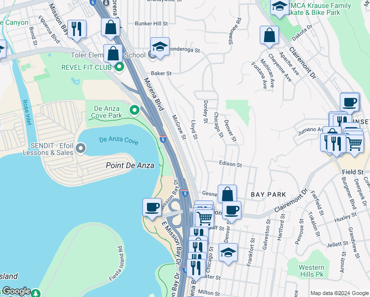 map of restaurants, bars, coffee shops, grocery stores, and more near 3040 McGraw Street in San Diego