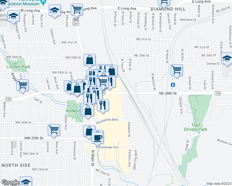 map of restaurants, bars, coffee shops, grocery stores, and more near 460 Northeast 28th Street in Fort Worth