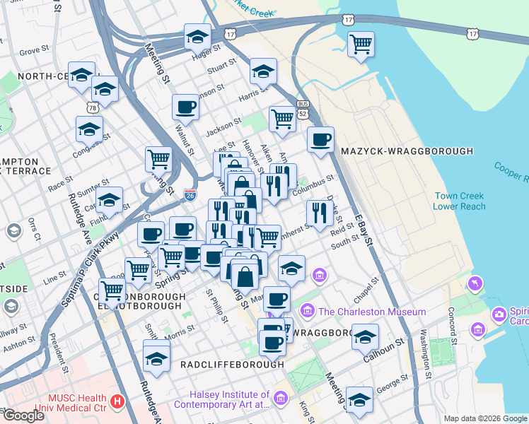 map of restaurants, bars, coffee shops, grocery stores, and more near 70 Nassau Street in Charleston