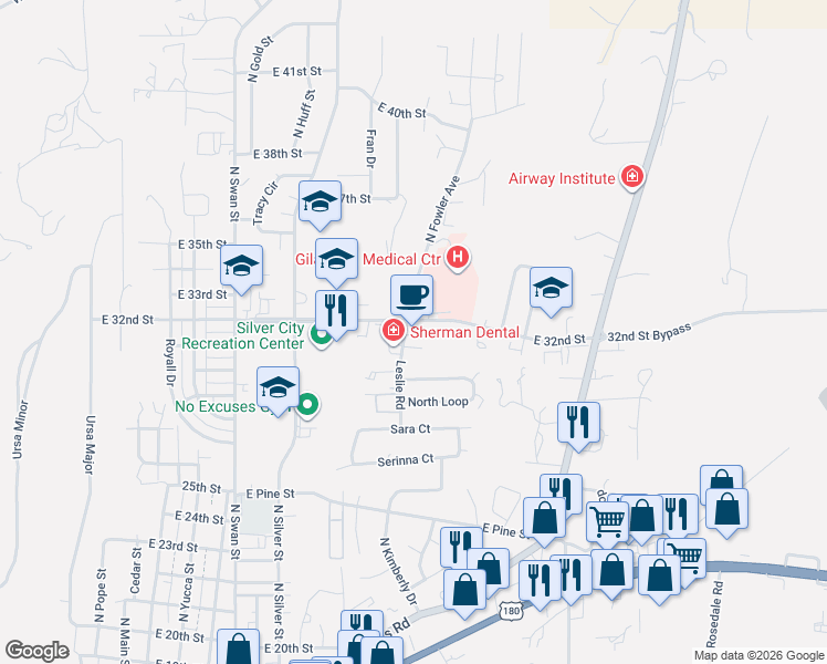 map of restaurants, bars, coffee shops, grocery stores, and more near 1212 East 32nd Street in Silver City