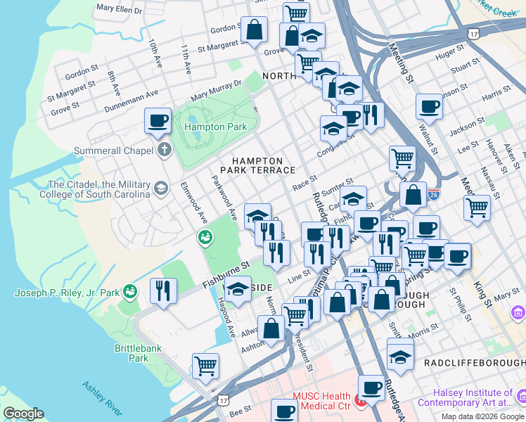 map of restaurants, bars, coffee shops, grocery stores, and more near 430 Sumter Street in Charleston