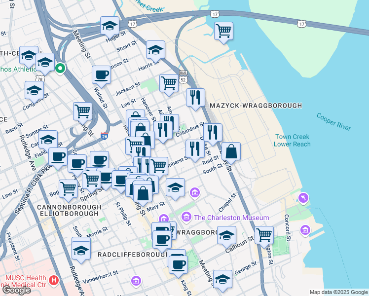 map of restaurants, bars, coffee shops, grocery stores, and more near 18 Hanover Street in Charleston