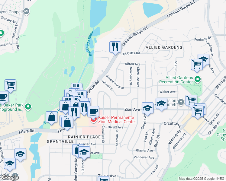 map of restaurants, bars, coffee shops, grocery stores, and more near Allied Road in San Diego