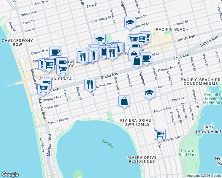 map of restaurants, bars, coffee shops, grocery stores, and more near 1338 Reed Avenue in San Diego