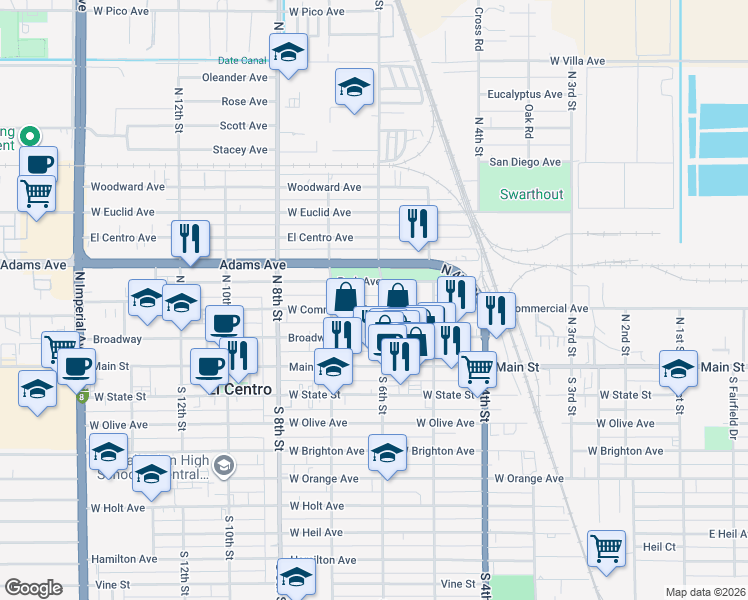 map of restaurants, bars, coffee shops, grocery stores, and more near 200 North 6th Street in El Centro
