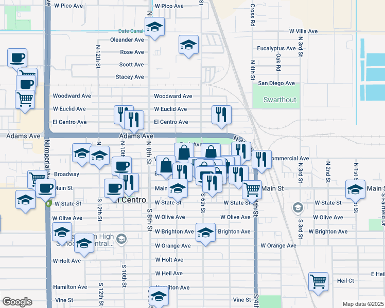 map of restaurants, bars, coffee shops, grocery stores, and more near 660 Broadway in El Centro