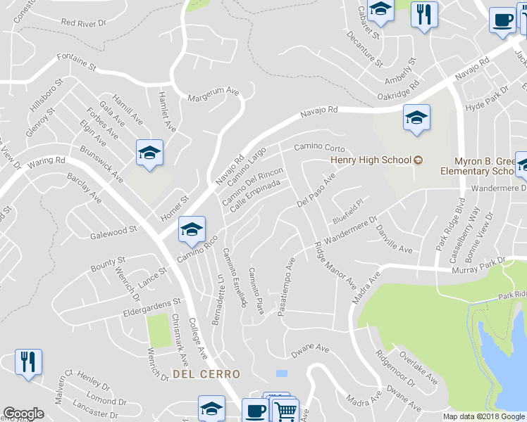 map of restaurants, bars, coffee shops, grocery stores, and more near 6157-6165 Caminito Pan in San Diego