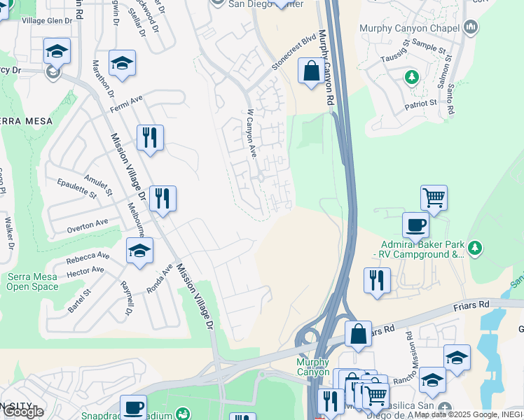 map of restaurants, bars, coffee shops, grocery stores, and more near 2681 West Canyon Avenue in San Diego
