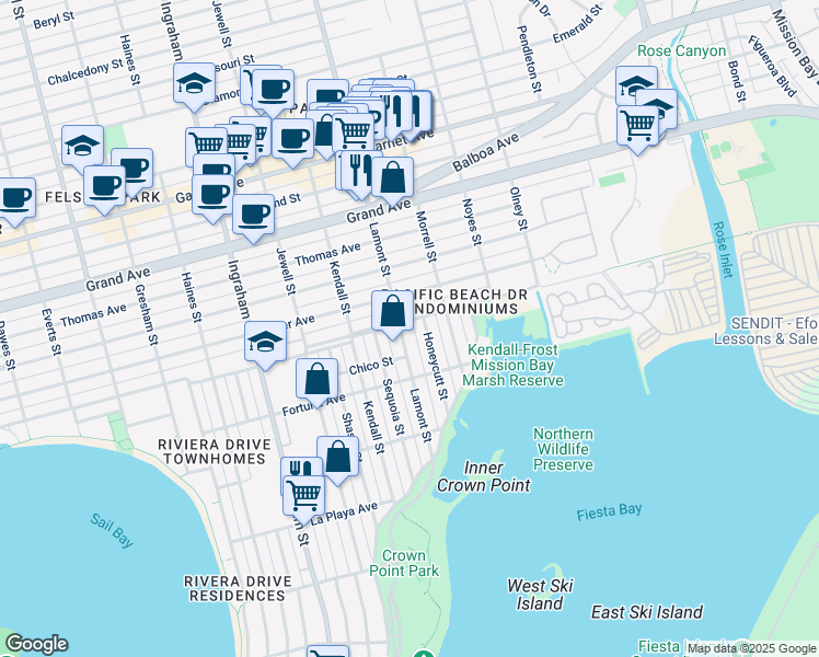 map of restaurants, bars, coffee shops, grocery stores, and more near 4036 Honeycutt Street in San Diego