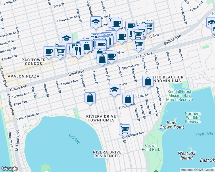 map of restaurants, bars, coffee shops, grocery stores, and more near 1555 Oliver Avenue in San Diego