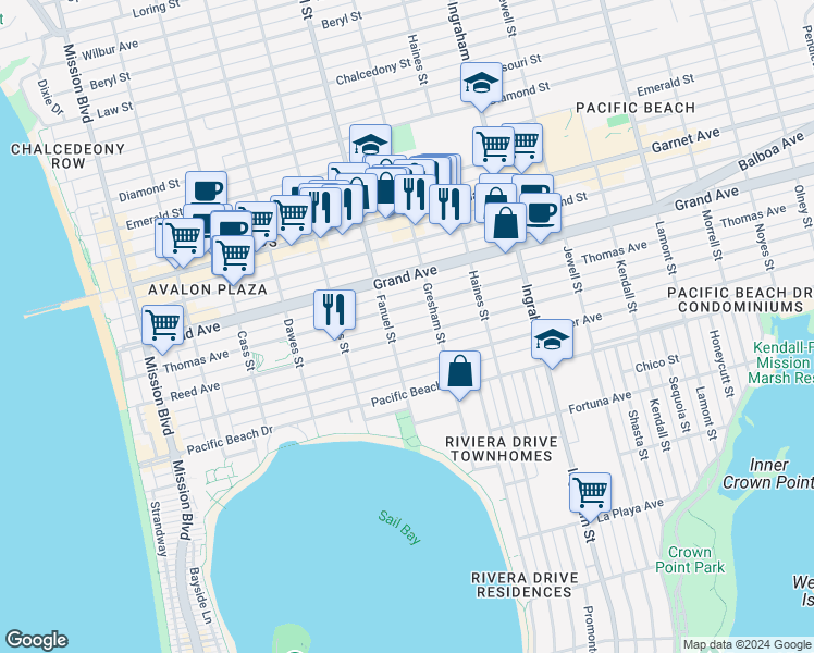 map of restaurants, bars, coffee shops, grocery stores, and more near 1319 Reed Avenue in San Diego