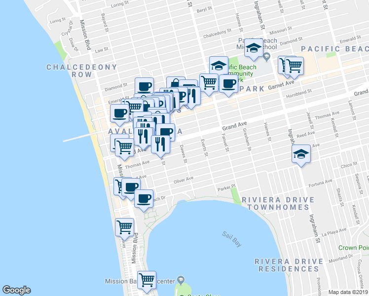 map of restaurants, bars, coffee shops, grocery stores, and more near 4275 Dawes Street in San Diego
