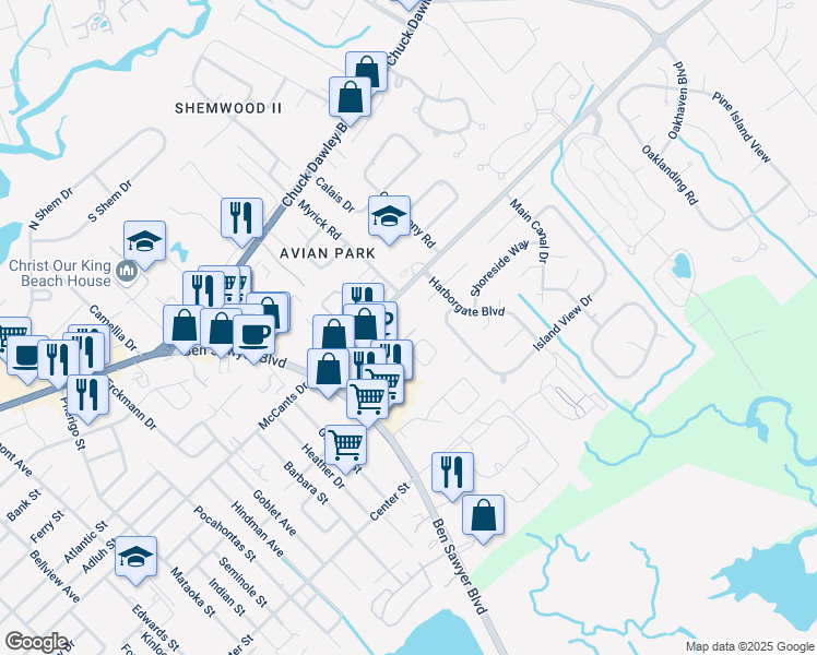map of restaurants, bars, coffee shops, grocery stores, and more near 1100 Dawn View Terrace in Mount Pleasant