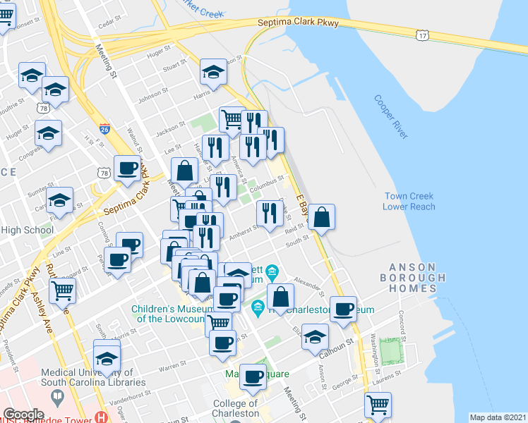 map of restaurants, bars, coffee shops, grocery stores, and more near in Charleston