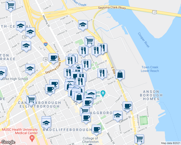 map of restaurants, bars, coffee shops, grocery stores, and more near 18 Hanover Street in Charleston