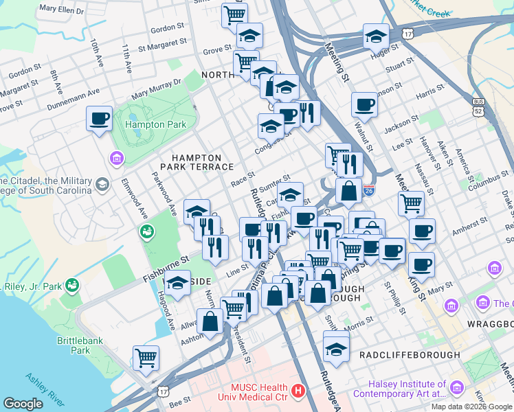 map of restaurants, bars, coffee shops, grocery stores, and more near 4 Larnes Street in Charleston