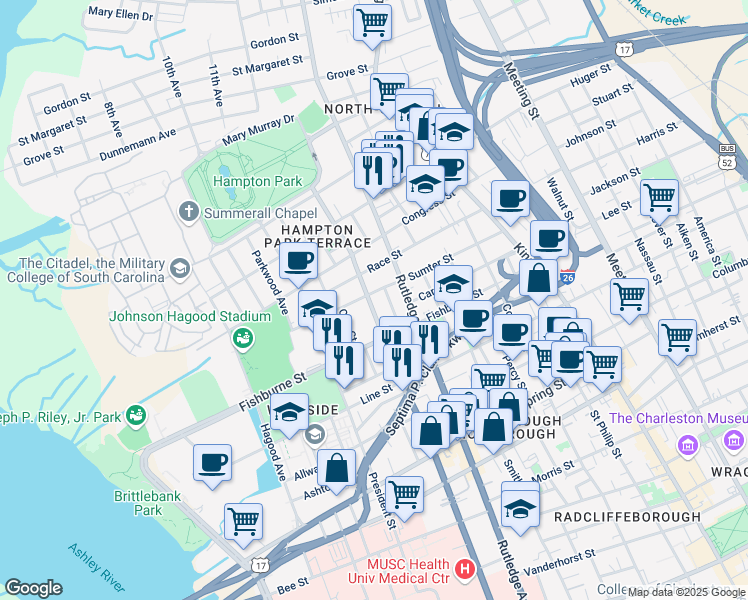 map of restaurants, bars, coffee shops, grocery stores, and more near 319 Ashley Avenue in Charleston