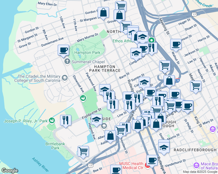 map of restaurants, bars, coffee shops, grocery stores, and more near 430 Sumter Street in Charleston
