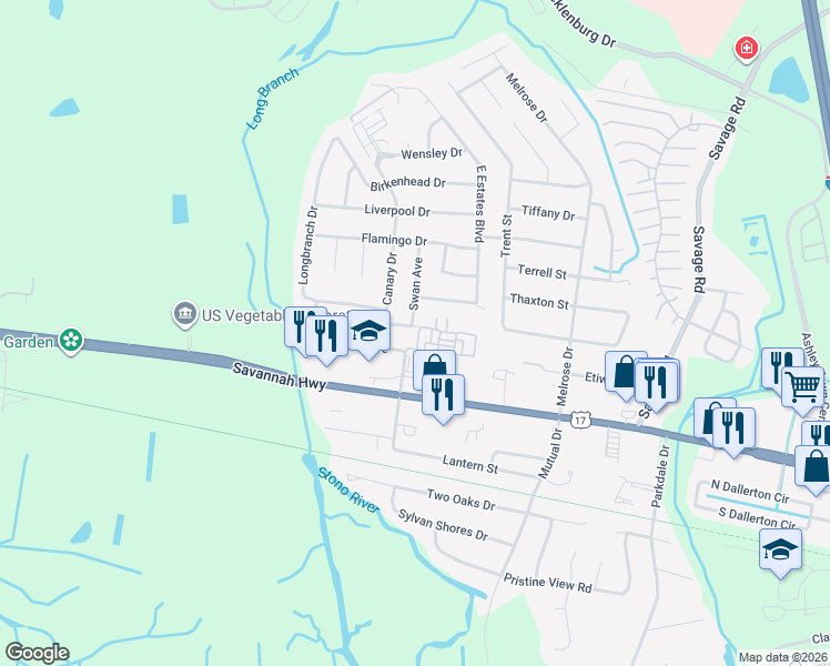 map of restaurants, bars, coffee shops, grocery stores, and more near 620 Dobbin Road in Charleston