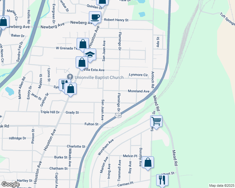 map of restaurants, bars, coffee shops, grocery stores, and more near 608 Moreland Avenue in Macon
