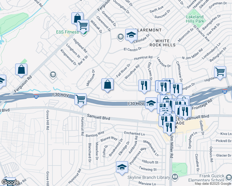 map of restaurants, bars, coffee shops, grocery stores, and more near 2600 Highland Road in Dallas