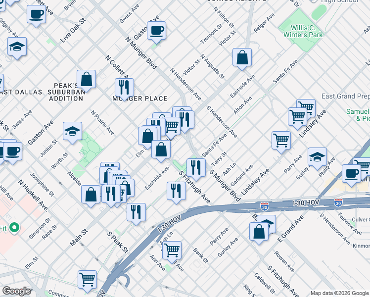 map of restaurants, bars, coffee shops, grocery stores, and more near 4900 Eastside Avenue in Dallas