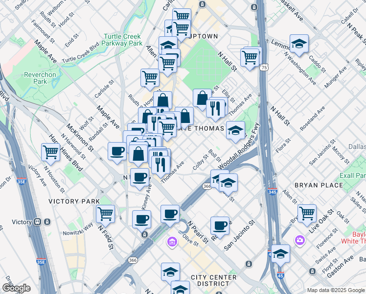 map of restaurants, bars, coffee shops, grocery stores, and more near 2600 Thomas Avenue in Dallas