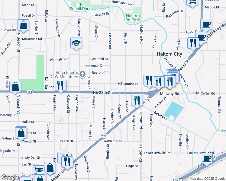 map of restaurants, bars, coffee shops, grocery stores, and more near 2341 Owens Street in Fort Worth