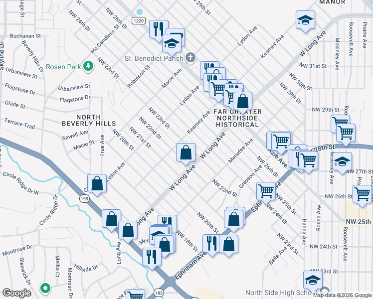 map of restaurants, bars, coffee shops, grocery stores, and more near 2701 Northwest 23rd Street in Fort Worth