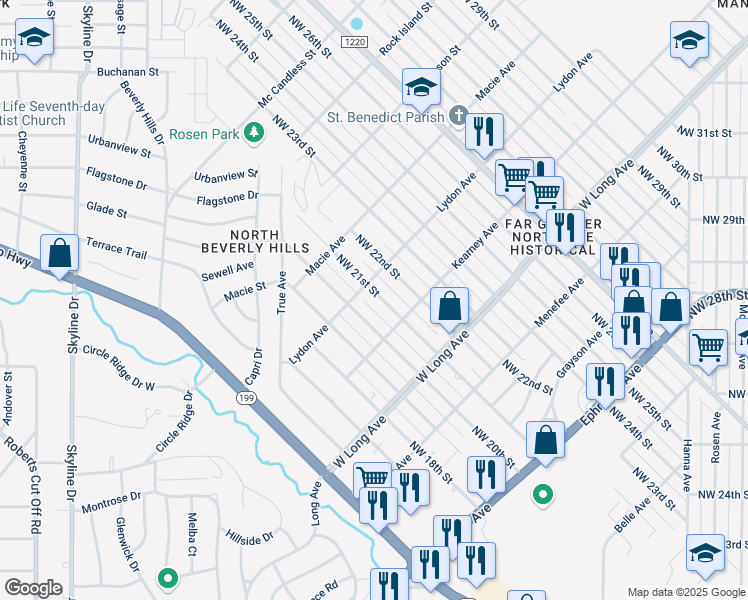map of restaurants, bars, coffee shops, grocery stores, and more near 2813 Northwest 20th Street in Fort Worth