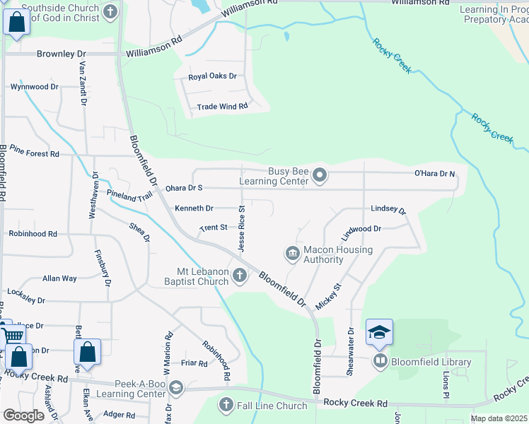 map of restaurants, bars, coffee shops, grocery stores, and more near 3750 Jesse Rice Street in Macon