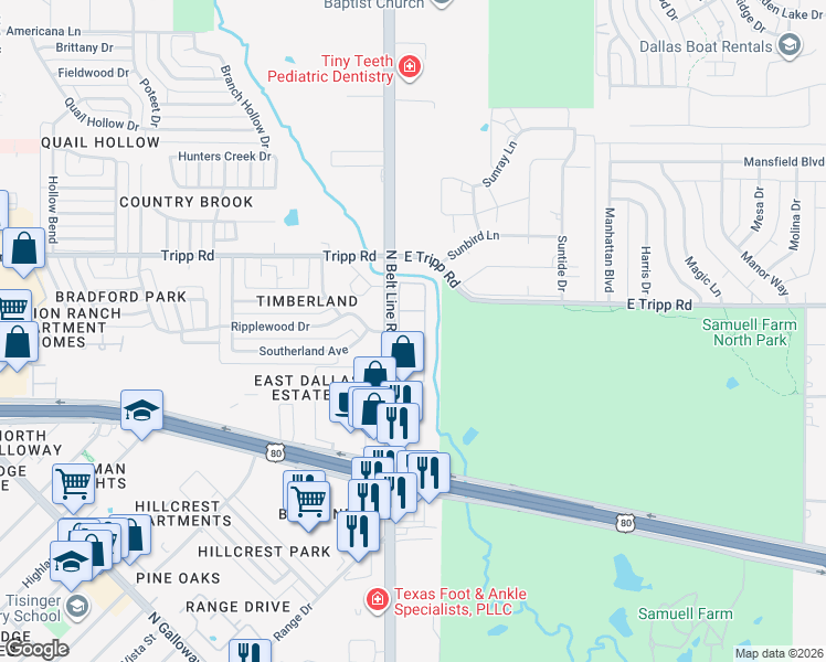 map of restaurants, bars, coffee shops, grocery stores, and more near 2212 North Belt Line Road in Mesquite