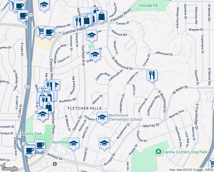 map of restaurants, bars, coffee shops, grocery stores, and more near 2181 Charles Way in El Cajon
