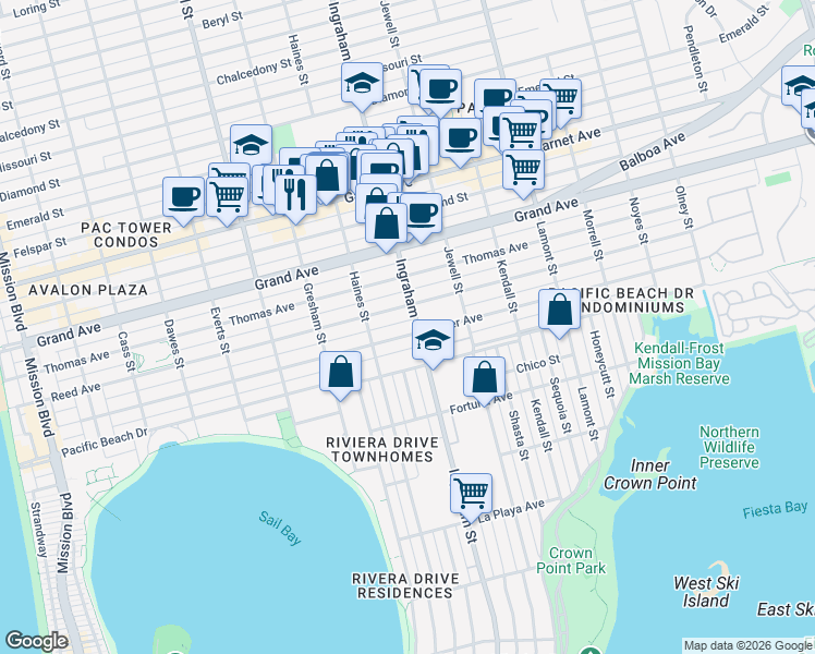 map of restaurants, bars, coffee shops, grocery stores, and more near 1555 Oliver Avenue in San Diego
