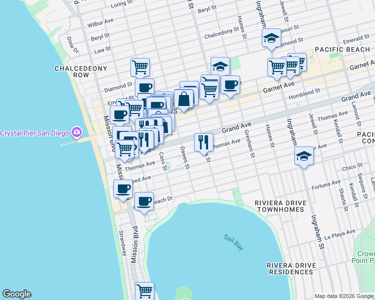 map of restaurants, bars, coffee shops, grocery stores, and more near 4275 Dawes Street in San Diego