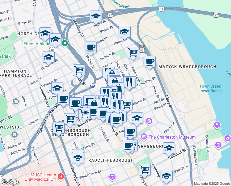 map of restaurants, bars, coffee shops, grocery stores, and more near 472 Meeting Street in Charleston
