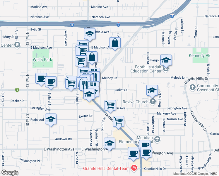 map of restaurants, bars, coffee shops, grocery stores, and more near 1362 Joliet Street in El Cajon