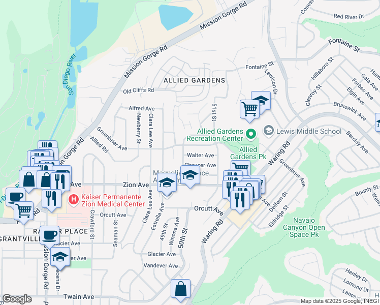 map of restaurants, bars, coffee shops, grocery stores, and more near 4932 Walter Avenue in San Diego
