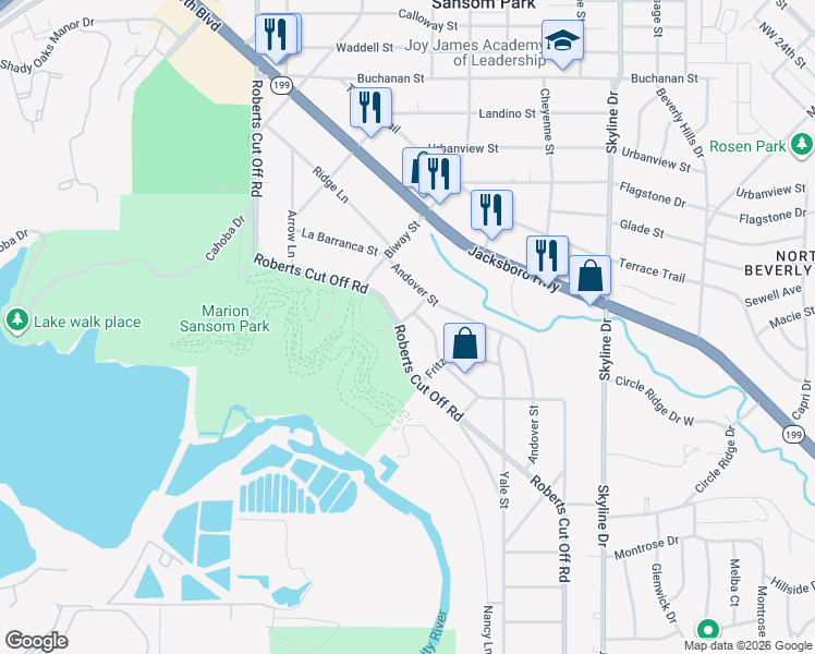 map of restaurants, bars, coffee shops, grocery stores, and more near 5561 Korth Street in Fort Worth