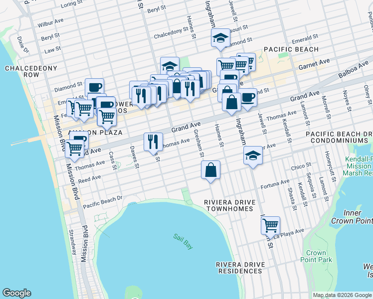 map of restaurants, bars, coffee shops, grocery stores, and more near 1319 Reed Avenue in San Diego