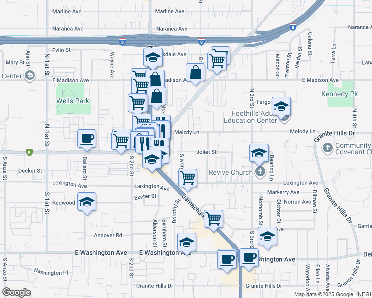 map of restaurants, bars, coffee shops, grocery stores, and more near 1362 Joliet Street in El Cajon