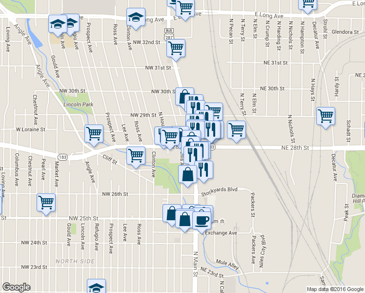 map of restaurants, bars, coffee shops, grocery stores, and more near Northwest 28th Street in Fort Worth